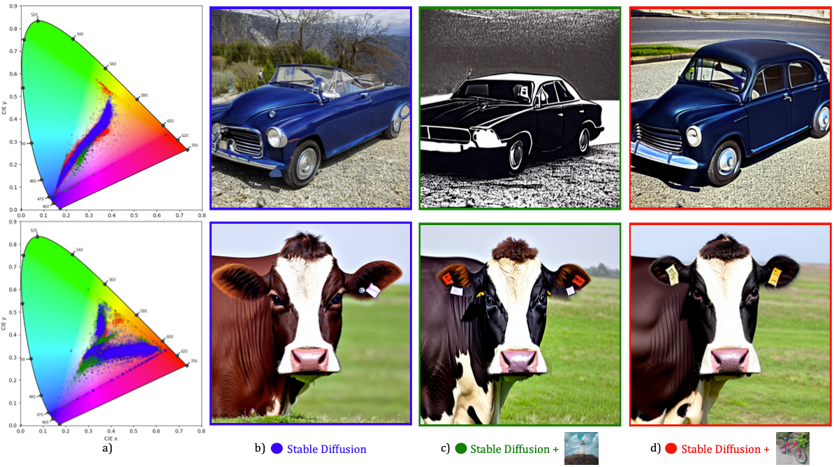 CIE chromaticity scatter plots for car and cow prompts alongside generated samples from the base model and from two customized models, showing different car styles and shifted color palettes.